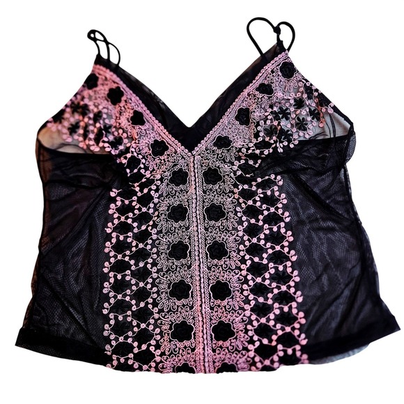 Unbranded Tops - Feminine Black w/ Pink Floral Embroidered Sheer Mesh Babydoll Camisole Top Small